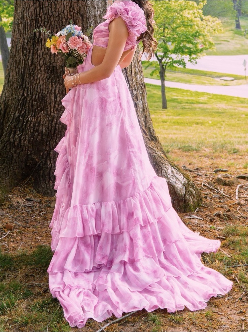 Pink Ruffled Tiered Prom Gown - Picture 3 of 4